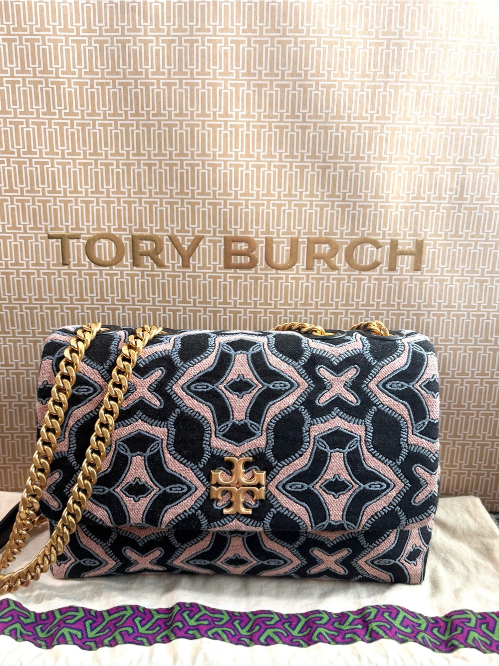 Tory Burch Pink and Black Geometric Chain shoulder Bag